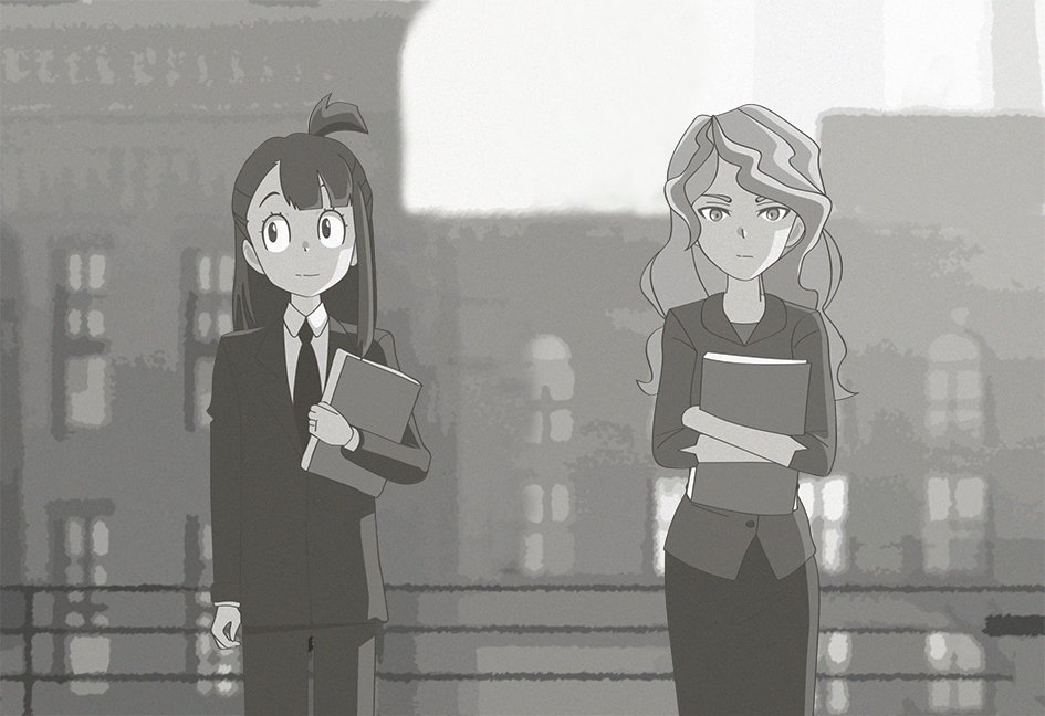 2girls artist_request business_suit diana_cavendish file formal kagari_atsuko little_witch_academia multiple_girls office_lady paperman_(disney) suit