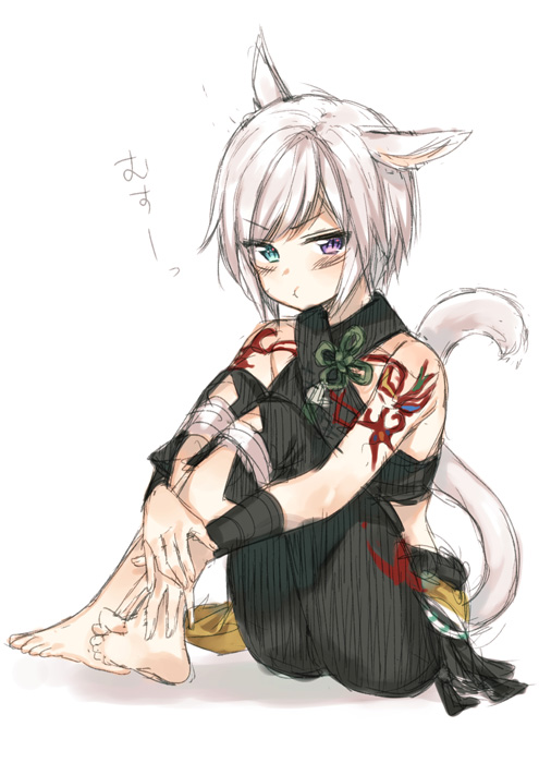 1girl :t animal_ears arm_tattoo bangs bare_shoulders barefoot black_pants black_shirt blush cat_ears cat_girl cat_tail closed_mouth commentary_request eyebrows_visible_through_hair final_fantasy final_fantasy_xiv full_body green_eyes heterochromia leg_hug midorikawa_you miqo'te own_hands_together pants pout shirt short_hair simple_background sitting sketch sleeveless sleeveless_shirt solo tail tattoo translation_request v-shaped_eyebrows violet_eyes white_background white_hair
