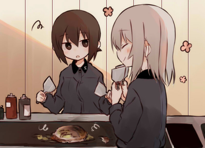 2girls bangs brown_eyes brown_hair closed_eyes dress_shirt eyebrows_visible_through_hair flower food fud girls_und_panzer grey_shirt grill holding indoors itsumi_erika kuromorimine_school_uniform long_hair long_sleeves looking_at_another multiple_girls nishizumi_maho parted_lips school_uniform shirt short_hair silver_hair sitting smile spatula squiggle yakitori