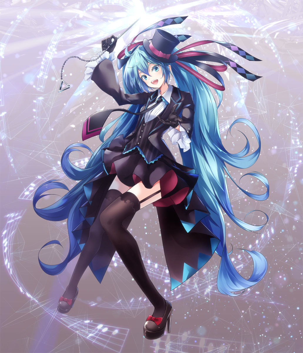 1girl :d absurdly_long_hair ajigo black_footwear black_gloves black_hat black_legwear black_neckwear black_skirt blue_eyes blue_hair bow eyebrows_visible_through_hair floating_hair full_body garter_straps gloves hair_between_eyes hair_ribbon hat hatsune_miku head_tilt high_heels highres holding leaning_back long_hair looking_at_viewer miniskirt necktie open_mouth red_bow ribbon shirt skirt smile solo standing striped thigh-highs twintails vertical_stripes very_long_hair vocaloid white_shirt