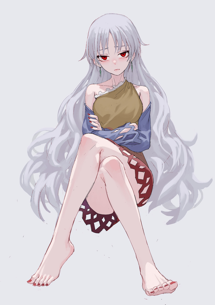 1girl bare_arms bare_legs bare_shoulders barefoot crossed_arms detached_sleeves dress earrings feet fkey full_body grey_background highres jewelry legs_crossed long_hair looking_at_viewer multicolored multicolored_clothes multicolored_dress nail_polish red_eyes red_nails sakata_nemuno silver_hair simple_background single_strap sitting solo toenail_polish toes touhou very_long_hair wavy_hair