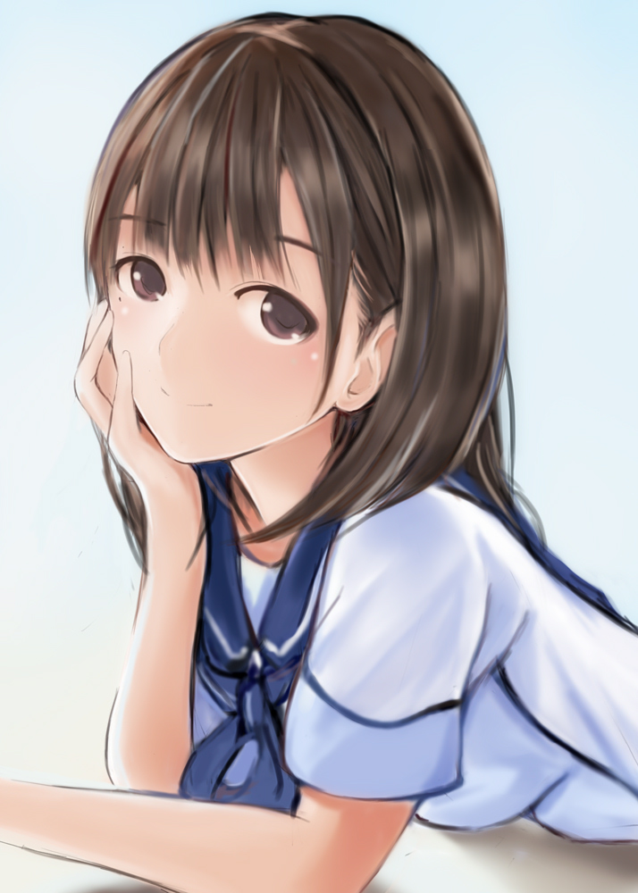 1girl anegasaki_nene blue_background blue_neckwear brown_eyes brown_hair chin_rest eyebrows_visible_through_hair long_hair love_plus nannacy7 neckerchief shirt sketch smile solo upper_body white_shirt