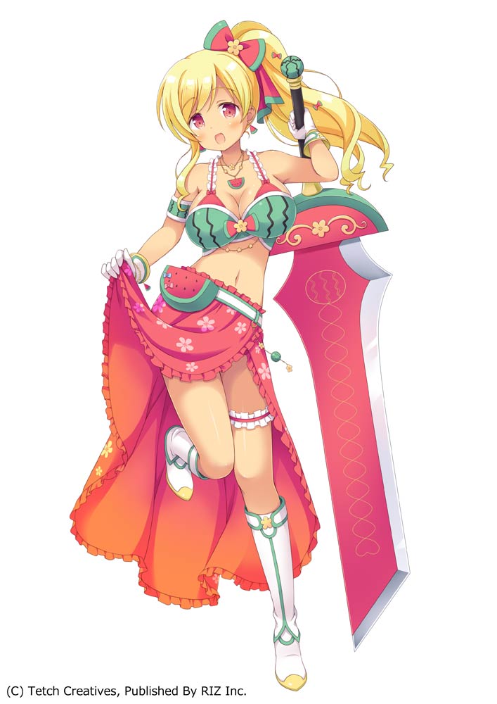 1girl belt blonde_hair blush boots bow brown_eyes earrings floral_print food fruit gloves hair_ornament holding jewelry kaiware-san lace necklace ponytail sarong sarong_lift smile suika_(vegimagi) vegimagi watermelon