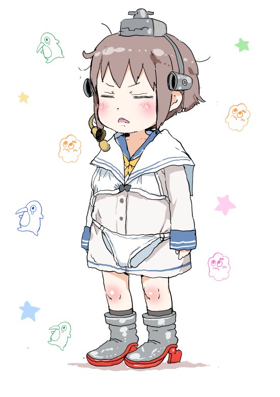 1girl blue_sailor_collar blush boots bra bra_over_clothes brown_hair child closed_eyes d: dress gomennasai grey_footwear grey_legwear high_heel_boots high_heels jacket kantai_collection long_sleeves messy_hair neckerchief open_mouth panties panties_over_clothes parted_lips sailor_collar sailor_dress short_hair sleeves_past_wrists socks solo speaking_tube_headset standing underwear white_bra white_jacket white_panties white_sailor_collar yellow_neckwear yukikaze_(kantai_collection)