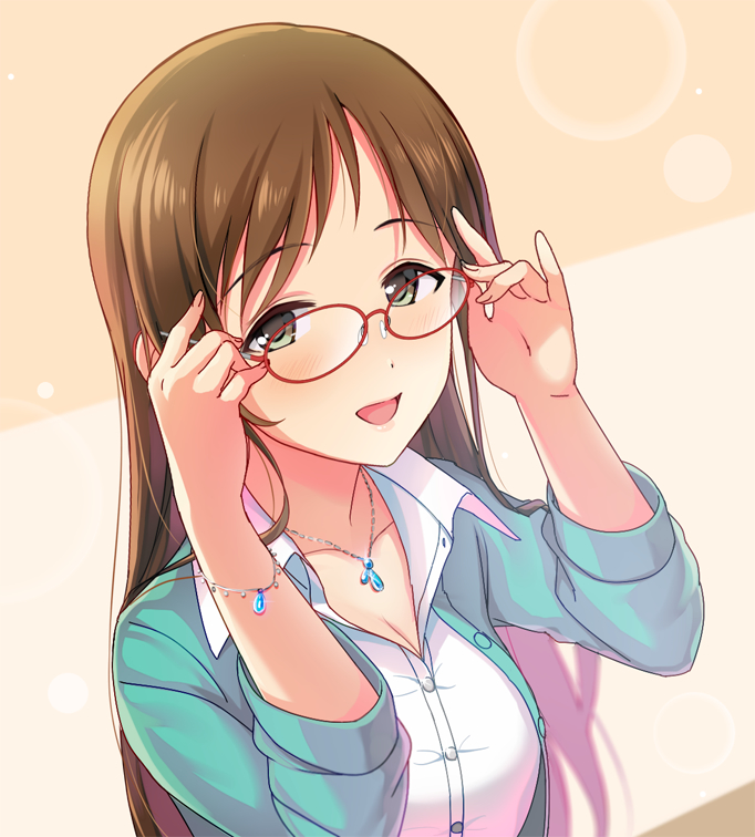 1girl :d adjusting_eyewear aqua_jacket bracelet breasts brown_hair cleavage collarbone dress dress_shirt glasses green_eyes idolmaster idolmaster_cinderella_girls jacket jewelry long_hair looking_at_viewer medium_breasts natsuya necklace nitta_minami open_clothes open_jacket open_mouth red-framed_eyewear shirt smile solo upper_body very_long_hair white_dress