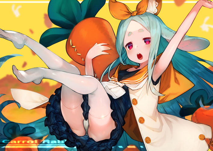 1girl absurdly_long_hair animal_ears aqua_hair arm_up bangs blue_dress blush bukurote dress ears_down hair_ribbon head_tilt legs_up long_hair looking_at_viewer lying neckerchief no_shoes object_hug on_back open_clothes open_dress open_mouth orange_ribbon orange_sailor_collar original outstretched_arm panties parted_bangs rabbit_ears red_eyes ribbon sailor_collar sailor_dress solo stuffed_carrot stuffed_toy thick_eyebrows thigh-highs underwear upper_teeth very_long_hair white_legwear white_neckwear white_panties