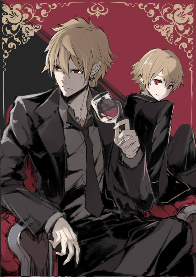2boys arm_rest armchair black_jacket black_neckwear black_pants blonde_hair business_suit chair child_gilgamesh closed_mouth collared_shirt dual_persona earrings fate/grand_order fate_(series) formal gilgamesh grey_shirt hair_between_eyes jacket jewelry legs_crossed long_sleeves looking_at_viewer looking_to_the_side male_focus multiple_boys necktie open_clothes open_jacket pants pokimari red_eyes serious shirt sitting smile suit tuxedo wing_collar
