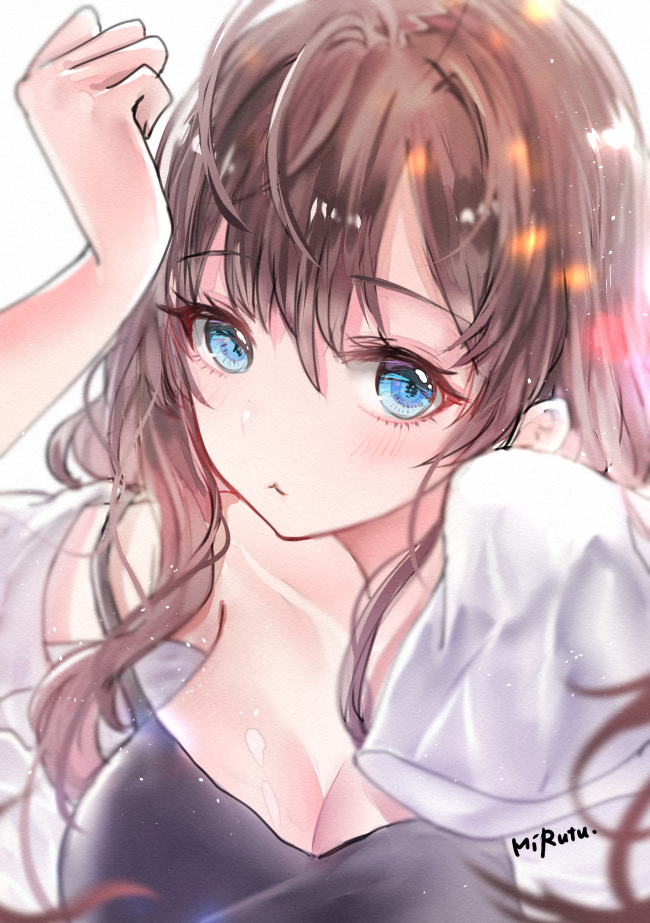 1girl :&lt; :3 blue_eyes blush breasts brown_hair cleavage closed_mouth hair_between_eyes hair_up ichinose_shiki idolmaster idolmaster_cinderella_girls large_breasts light_particles lingerie long_hair looking_at_viewer mirutu off_shoulder signature simple_background solo spaghetti_strap underwear upper_body white_background