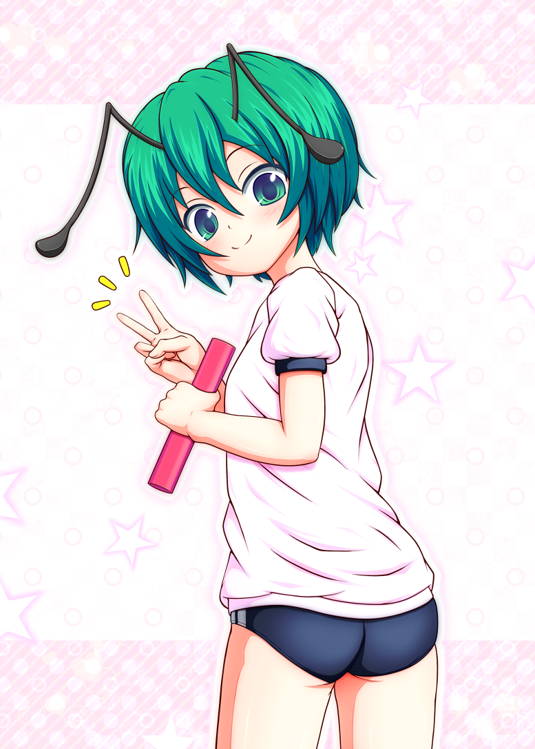 /\/\/\ 1girl antennae ass baton buruma closed_mouth commentary_request diagonal-striped_background dotted_background eyebrows_visible_through_hair from_behind green_eyes green_hair gym_uniform hands_up holding light_blush looking_at_viewer looking_back mofupaka outline pink_background raised_eyebrows shirt short_hair smile solo star touhou v white_shirt wriggle_nightbug