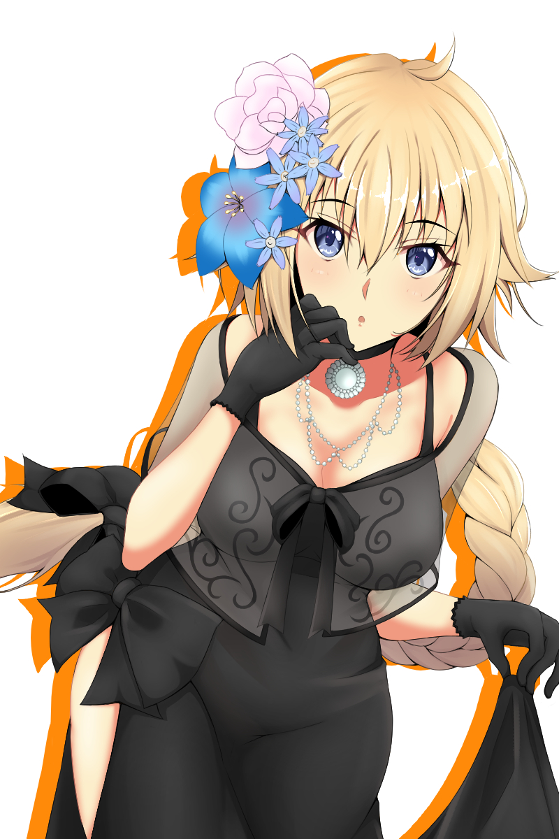 1girl black_bow black_dress black_gloves blonde_hair blue_eyes blue_flower bow breasts cleavage cowboy_shot dress eyebrows_visible_through_hair fate/apocrypha fate_(series) flower gloves hair_between_eyes hair_flower hair_ornament highres jeanne_d'arc_(fate) jeanne_d'arc_(fate)_(all) jewelry large_breasts leaning_forward looking_at_viewer necklace open_mouth see-through short_hair simple_background skirt_hold solo standing torikun white_background white_flower
