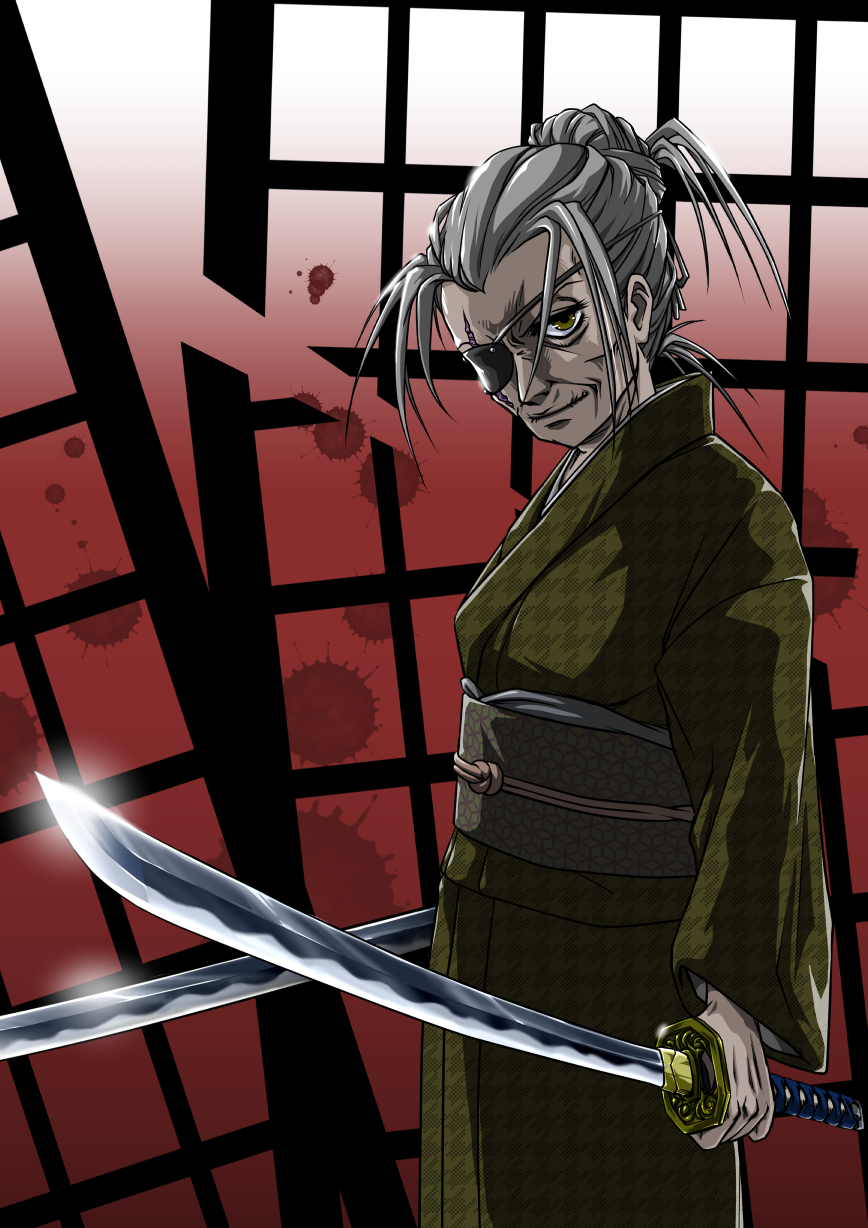 1girl blood blood_splatter brown_eyes closed_mouth commentary_request dual_wielding eyepatch from_side gradient gradient_background grey_hair hair_up head_tilt highres holding holding_sword holding_weapon houndstooth japanese_clothes katana kimono long_sleeves looking_at_viewer obi old_woman original red_background sash scar scar_across_eye sliding_doors solo standing sword tatsuya-fxstc weapon