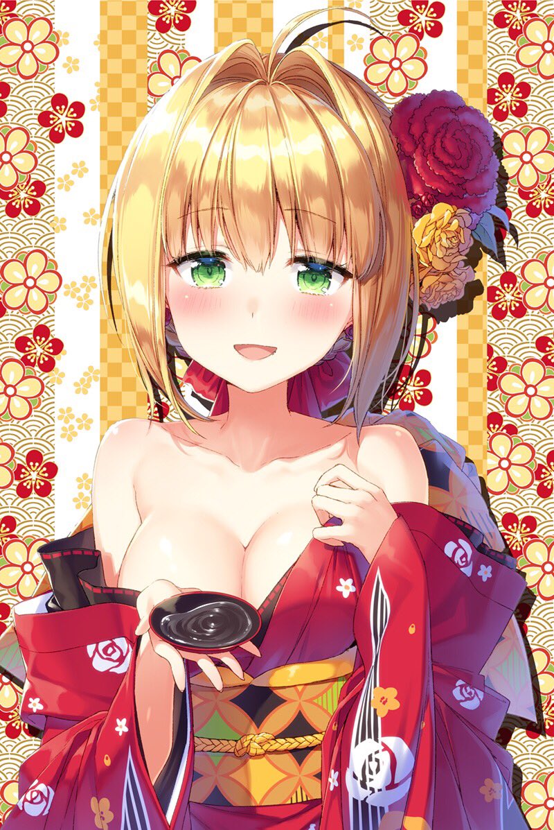 1girl bangs blonde_hair blush breasts cleavage collarbone eyebrows_visible_through_hair fate/grand_order fate_(series) flower green_eyes hair_between_eyes hair_ornament hayama_eishi holding japanese_clothes large_breasts looking_at_viewer nero_claudius_(fate)_(all) open_mouth rose simple_background smile solo