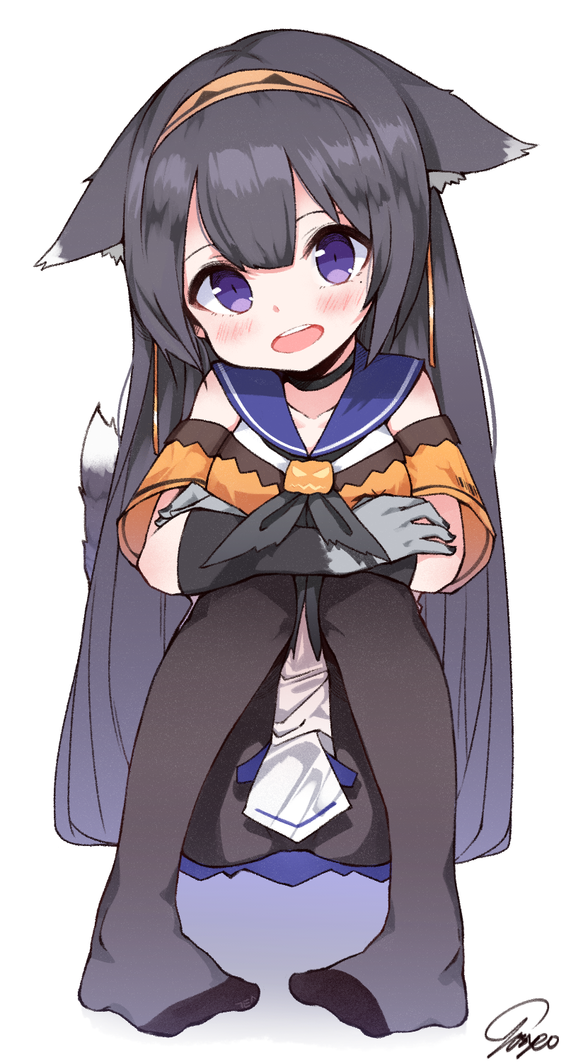 1girl :d animal_ears bangs black_gloves black_hair black_legwear black_nails blue_sailor_collar blush collarbone commentary crossed_arms dress elbow_gloves eyebrows_visible_through_hair full_body girls_frontline gloves hair_between_eyes hairband halloween head_tilt highres long_hair looking_at_viewer nail_polish no_shoes open_mouth orange_hairband pantyhose paw_gloves paws pigeon-toed sailor_collar sailor_dress signature simple_background sitting smile solo super_sass_(girls_frontline) tail tosyeo very_long_hair violet_eyes white_background white_dress wolf_ears wolf_girl wolf_tail