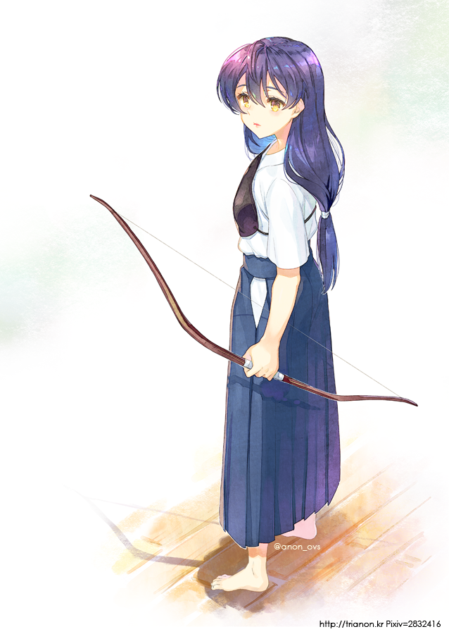 1girl archery bangs barefoot blue_hair blue_hakama bow_(weapon) from_side hair_between_eyes hakama hakama_skirt holding holding_bow_(weapon) holding_weapon japanese_clothes kyuudou long_hair love_live! love_live!_school_idol_project low_ponytail muneate simple_background solo sonoda_umi trianon weapon white_background yellow_eyes
