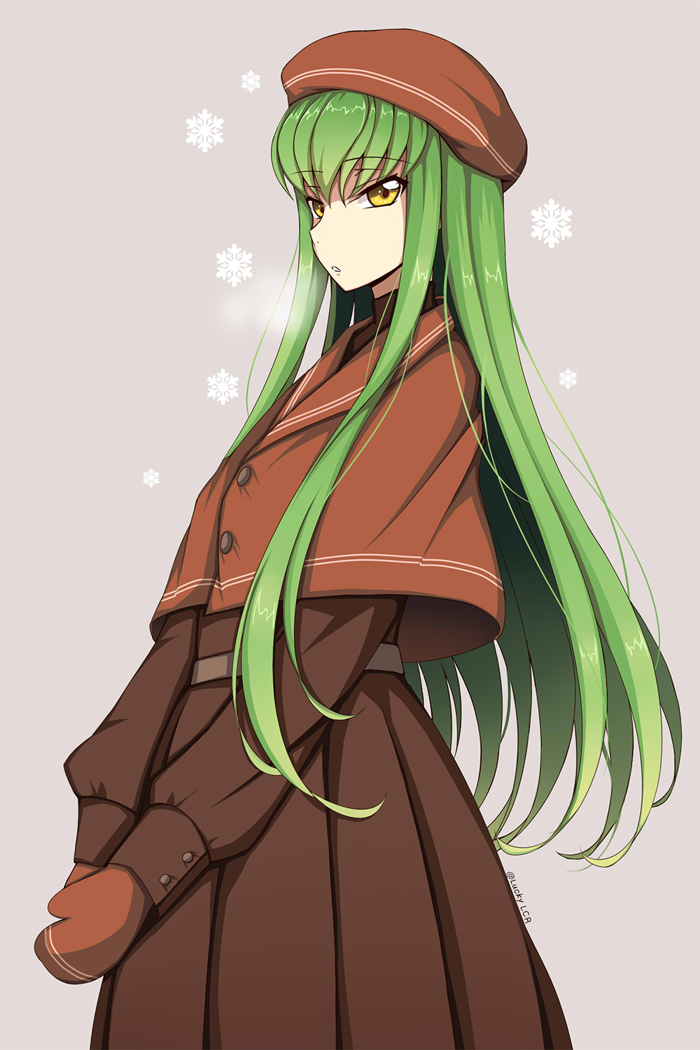 1girl brown_dress brown_gloves brown_hat c.c. capelet code_geass dress eyebrows_visible_through_hair gloves green_hair grey_background hair_between_eyes hat highres long_hair looking_at_viewer lucky_keai parted_lips simple_background snowflakes solo standing very_long_hair yellow_eyes