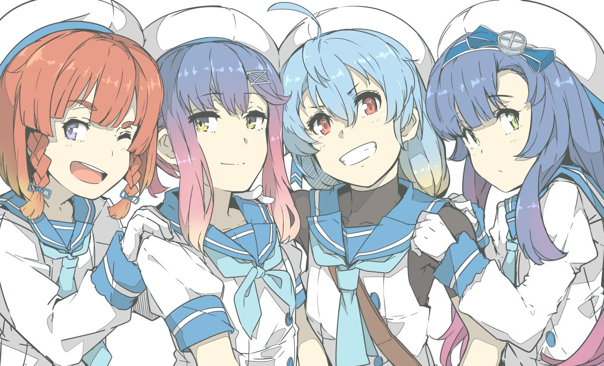 4girls arm_around_neck blonde_hair blue_hair blue_neckwear blue_ribbon bob_cut braid buttons etorofu_(kantai_collection) gloves gradient_eyes gradient_hair green_eyes grin hair_ornament hair_ribbon hand_on_another's_shoulder hands_on_another's_shoulders hat kantai_collection light_blue_hair long_hair long_sleeves looking_at_viewer matsuwa_(kantai_collection) multicolored multicolored_eyes multicolored_hair multiple_girls neckerchief ninimo_nimo one_eye_closed open_mouth orange_hair purple_hair red_eyes redhead ribbon sado_(kantai_collection) sailor_collar sailor_hat school_uniform serafuku short_sleeves sidelocks smile standing thick_eyebrows tsushima_(kantai_collection) twin_braids violet_eyes white_background white_gloves