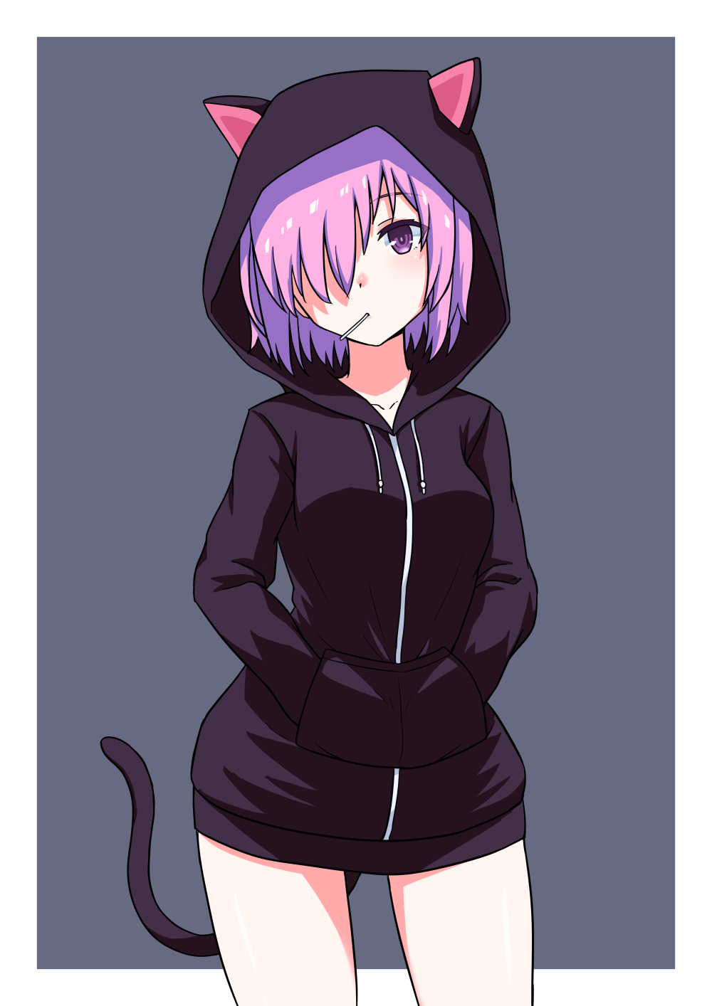 1girl alternate_costume animal_ears blush cat_ears cat_tail cowboy_shot drawstring fate/grand_order fate_(series) grey_background hair_over_one_eye hands_in_pocket head_tilt highres hood hood_up hoodie kemonomimi_mode legs_apart long_sleeves looking_at_viewer mash_kyrielight mouth_hold no_pants pink_hair profnote shiny shiny_hair short_hair simple_background solo standing tail thighs violet_eyes