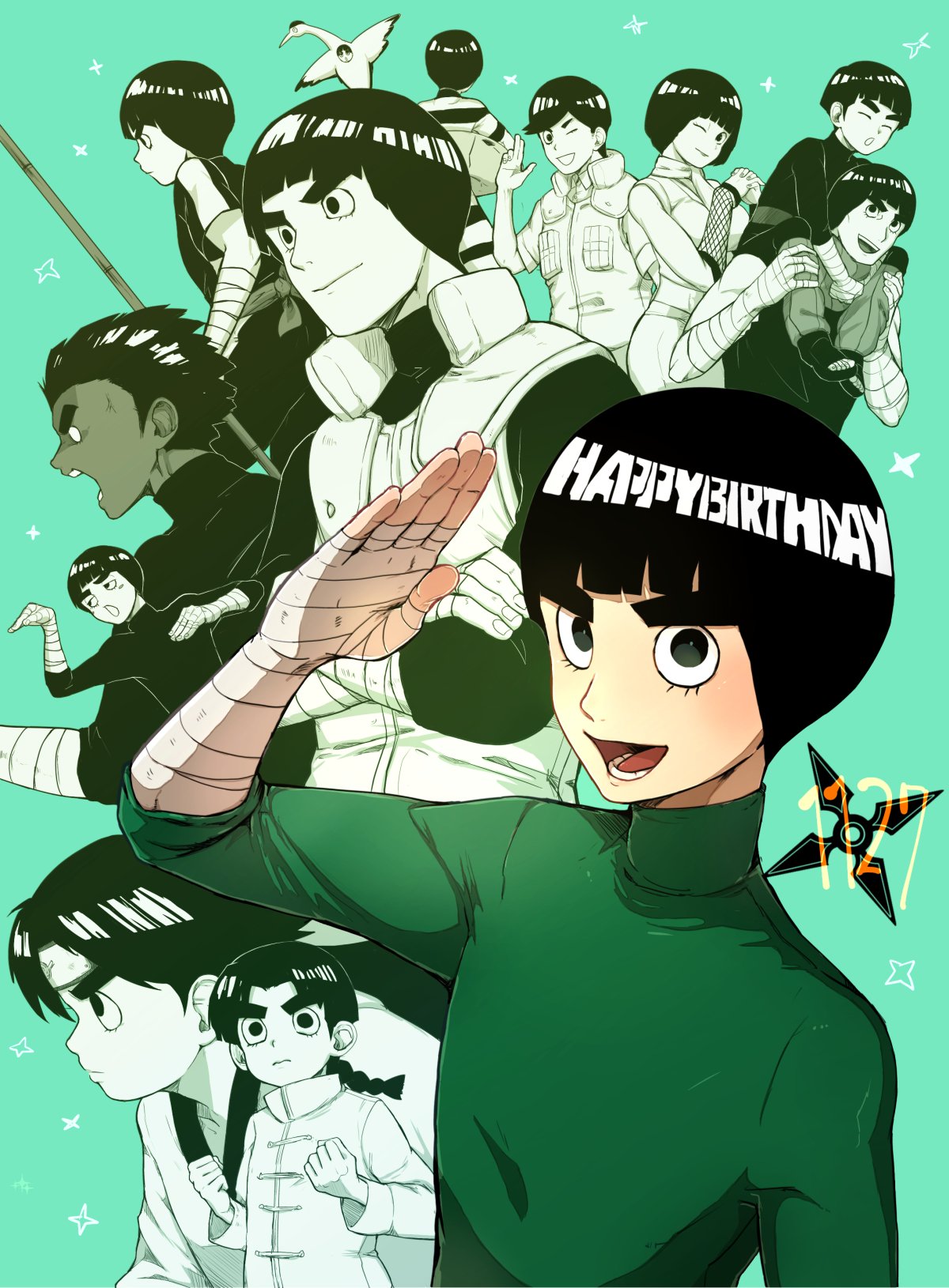 bowl_cut braid breasts chinese_clothes clenched_hands closed_eyes cosplay crane drunk eyelashes father_and_son fighting_stance fishnets happy_birthday highres jumpsuit male_focus metal_lee multiple_persona naruto open_mouth rock_lee salute tangzhuang thick_eyebrows younger