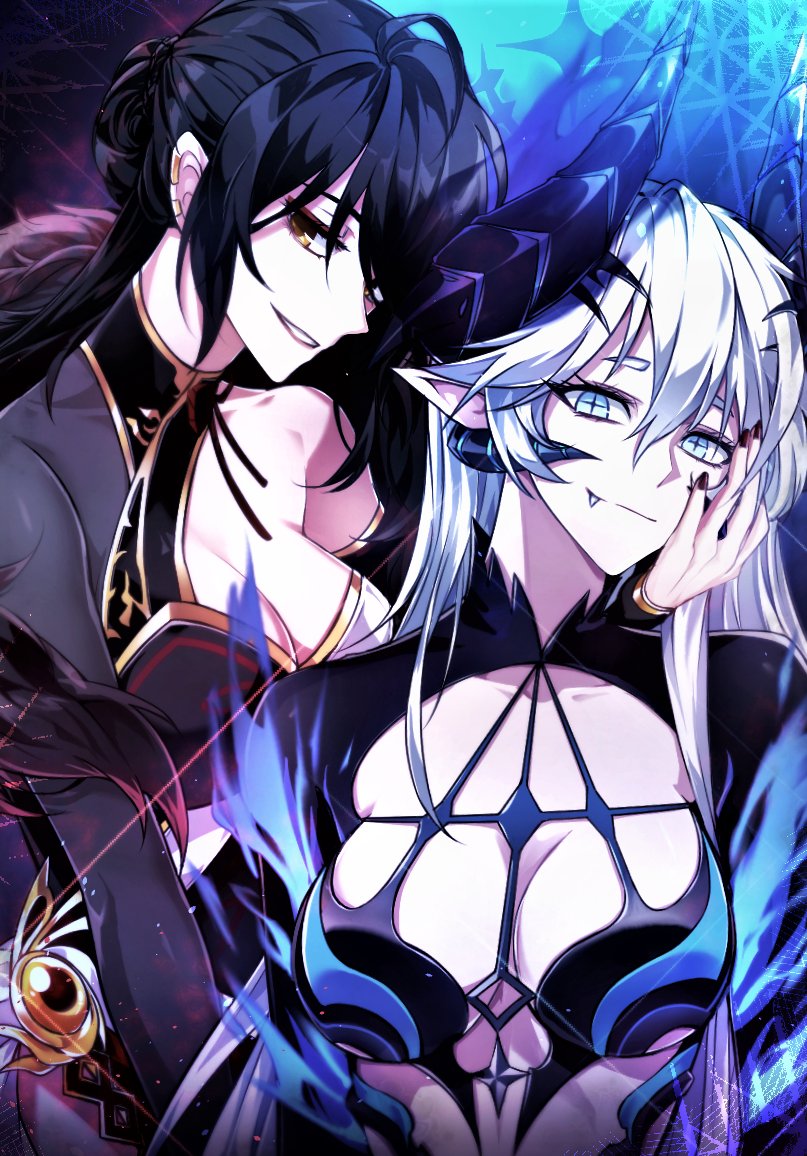 2girls age_progression ara_han black_hair blue_eyes breasts cleavage cleavage_cutout demon_girl detached_sleeves devi_(elsword) elbow_gloves elsword empty_eyes energy erun-cbal- fang fang_out feather_boa gloves hand_on_another's_cheek hand_on_another's_face horns iblis_(elsword) long_hair luciela_r._sourcream multiple_girls nail_polish pointy_ears symbol-shaped_pupils white_hair yellow_eyes