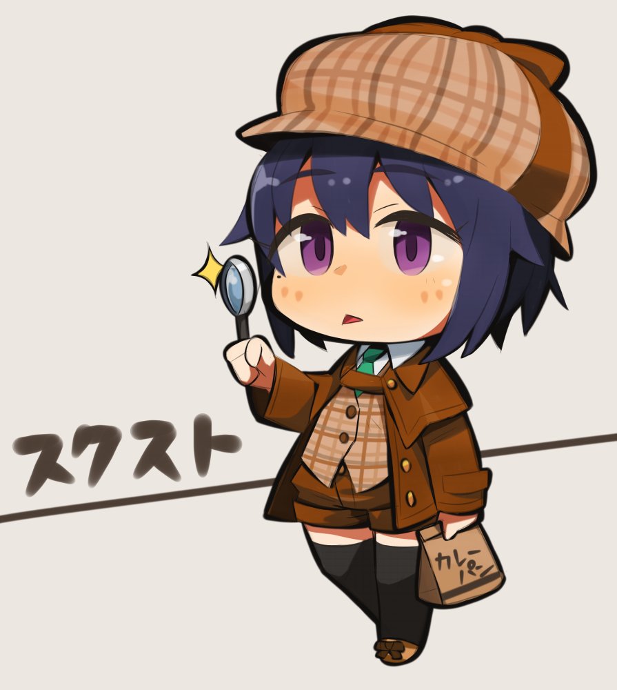 1girl black_hair black_legwear capelet chibi deerstalker detective hat ibara. magnifying_glass necktie school_girl_strikers short_hair shorts solo sumihara_satoka thigh-highs triangle_mouth violet_eyes