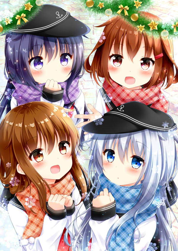 4girls :d akatsuki_(kantai_collection) black_hat black_sailor_collar blue_eyes blue_scarf blush brown_eyes brown_hair fang flat_cap folded_ponytail hair_between_eyes hat hibiki_(kantai_collection) ikazuchi_(kantai_collection) inazuma_(kantai_collection) kantai_collection long_hair long_sleeves multiple_girls murasaki_(murasakiiro_no_yoru) neckerchief open_mouth orange_scarf purple_hair purple_scarf red_neckwear red_scarf sailor_collar scarf school_uniform serafuku short_hair silver_hair smile violet_eyes