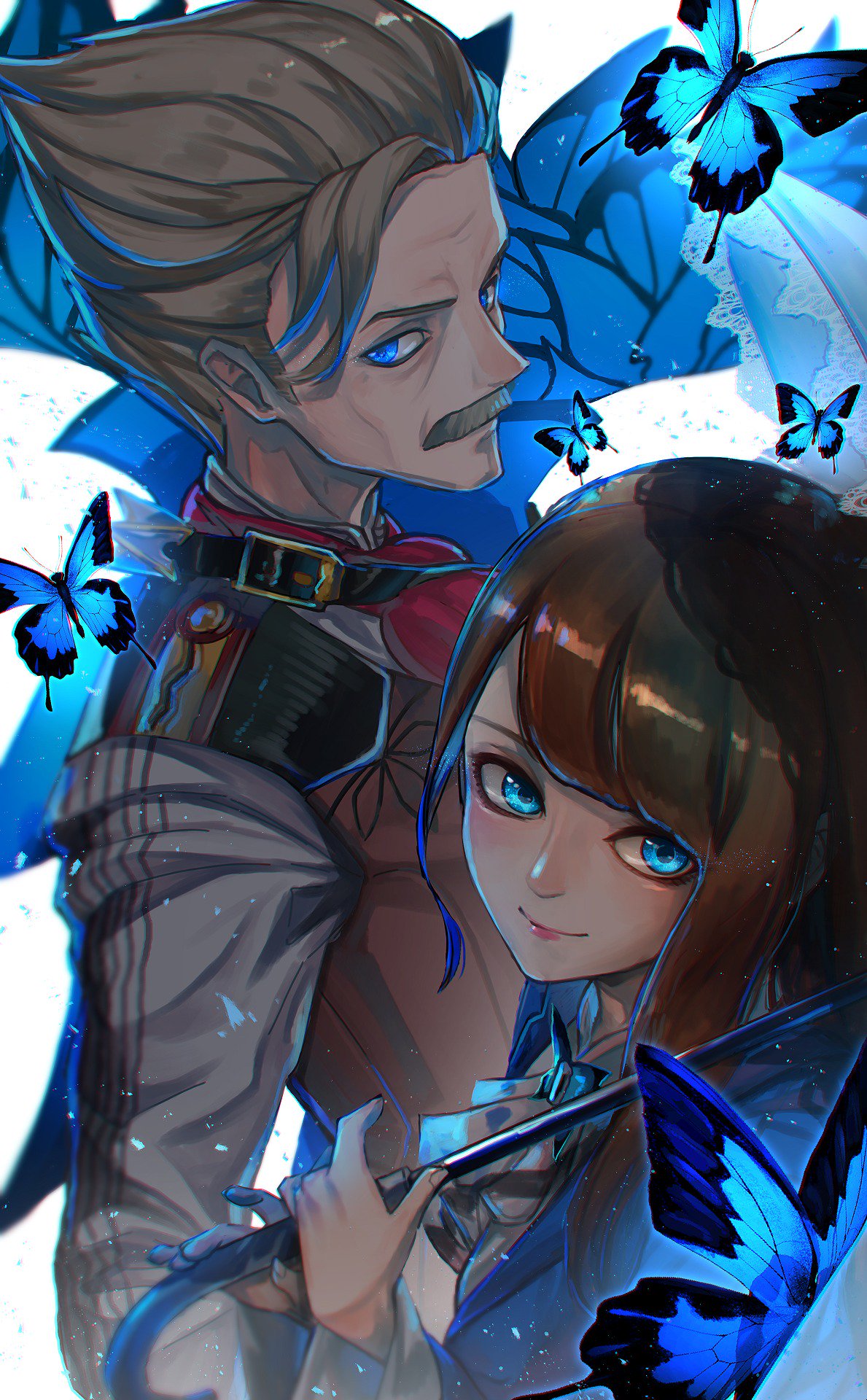 1boy 1girl bangs blue_cape blue_eyes blue_umbrella blurry brown_hair buckle butterfly cape character_request chromatic_aberration closed_mouth commentary_request cravat depth_of_field expressionless facial_hair fate/grand_order fate_(series) fingernails glowing_butterfly grey_hair highres holding holding_umbrella james_moriarty_(fate/grand_order) kashu_(hizake) lace long_hair long_sleeves looking_at_viewer looking_to_the_side mustache parasol red_neckwear shiny shiny_hair shirt side_glance smile swept_bangs umbrella white_background white_shirt