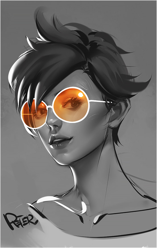 1girl artist_name lips overwatch parted_lips peter_xiao solo spot_color sunglasses tracer_(overwatch) upper_body