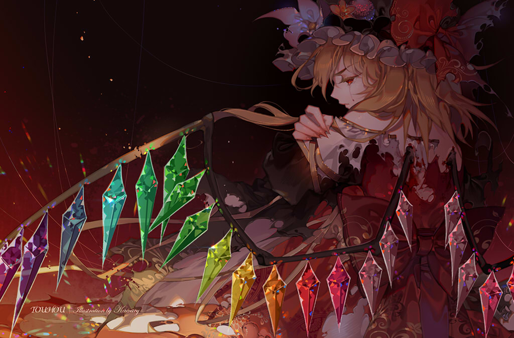 1girl blonde_hair bow copyright_name crystal dress embellished_costume fingernails flandre_scarlet from_behind hand_on_own_shoulder hat hat_bow kawacy long_hair profile red_bow red_dress red_eyes sash sharp_fingernails sitting solo torn_clothes torn_dress touhou wings