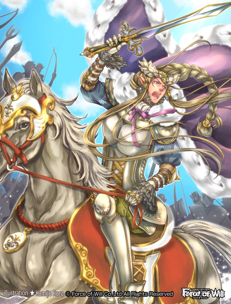1boy armor armored_boots artist_name blonde_hair boots bow_(weapon) braid cape copyright_name day earrings faceless faceless_male force_of_will fur_trim gloves horse jewelry kamijororo long_hair male_focus official_art open_mouth pointy_ears sky solo sparkle staff sword teeth tiara violet_eyes weapon