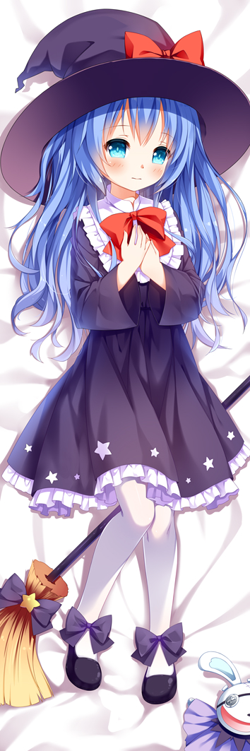 1girl bangs bed_sheet black_dress black_footwear black_hat blue_eyes blue_hair blush bow bowtie broom closed_mouth collar commentary_request dakimakura date_a_live dress eyebrows_visible_through_hair frilled_collar frilled_dress frills full_body hair_between_eyes hand_puppet hands_on_own_chest hat hat_bow long_hair looking_at_viewer lying on_back pantyhose print_dress puppet purple_bow red_bow red_neckwear shoes solo star star_print very_long_hair white_legwear witch witch_hat xia_xiang_(ozicha) yoshino_(date_a_live) yoshinon