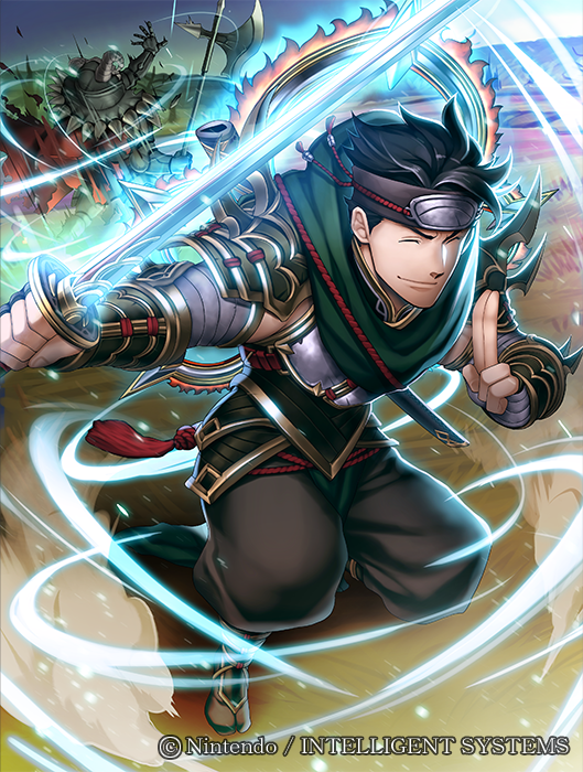 1boy armor axe brown_hair cape closed_eyes company_name faceless faceless_male fingerless_gloves fire_emblem fire_emblem_cipher fire_emblem_echoes:_mou_hitori_no_eiyuuou gloves headband helmet horns kamui_(fire_emblem_gaiden) male_focus official_art solo sword torn_clothes weapon