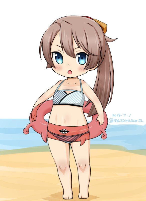 1girl barefoot beach bikini blue_eyes brown_hair dated enemy_lifebuoy_(kantai_collection) flat_chest full_body hair_ribbon innertube kantai_collection kazagumo_(kantai_collection) long_hair masara_(masalucky2010) multicolored multicolored_bikini multicolored_clothes open_mouth ponytail ribbon simple_background solo standing striped striped_bikini swimsuit twitter_username white_background younger