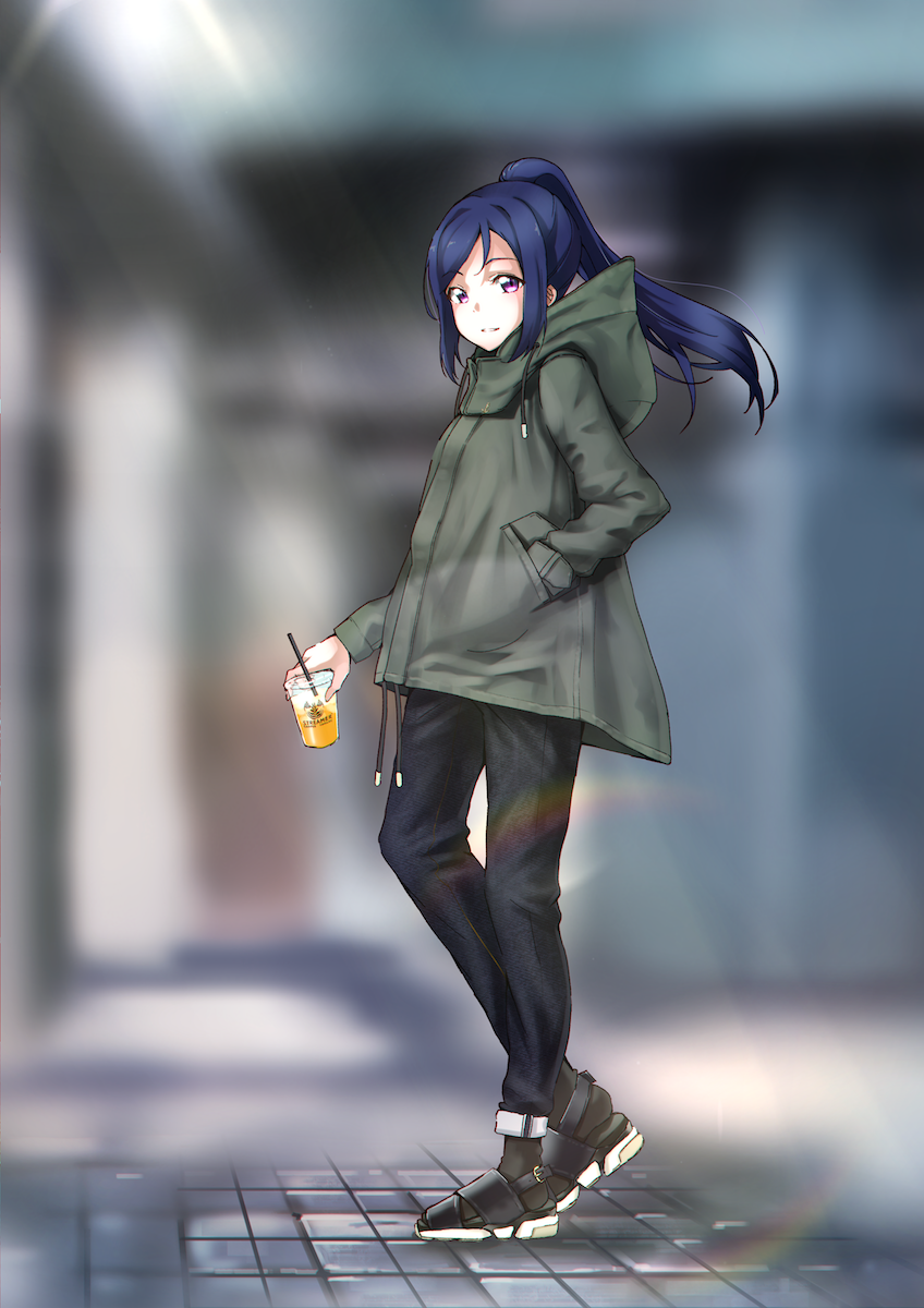 1girl bangs black_footwear blue_hair blush casual denim drink drinking_straw from_side full_body green_jacket hand_in_pocket high_ponytail highres holding hood hooded_jacket jacket jeans long_hair long_sleeves love_live! love_live!_sunshine!! matsuura_kanan meda pants parted_lips pink_eyes plastic_cup ponytail smile solo standing swept_bangs