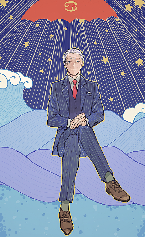 1boy caesar_caesar cancer formal grey_hair juuni_taisen juuni_taisen_vs_juuni_taisen legs_crossed looking_at_viewer male_focus necktie outline pinstripe_pattern pinstripe_suit red_neckwear sitting smile solo star striped suit tidal_wave tonoko_(cinq5) waves yellow_outline