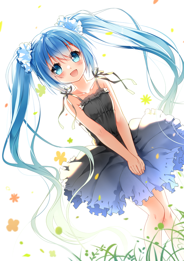 1girl :d absurdly_long_hair bangs bare_arms bare_shoulders black_dress blue_eyes blue_hair blush collarbone commentary_request dress dutch_angle eyebrows_visible_through_hair hair_between_eyes hair_ornament hair_scrunchie hatsune_miku long_hair looking_at_viewer open_mouth scrunchie sleeveless sleeveless_dress smile solo standing sundress twintails v_arms very_long_hair vocaloid white_background white_scrunchie xia_xiang_(ozicha)