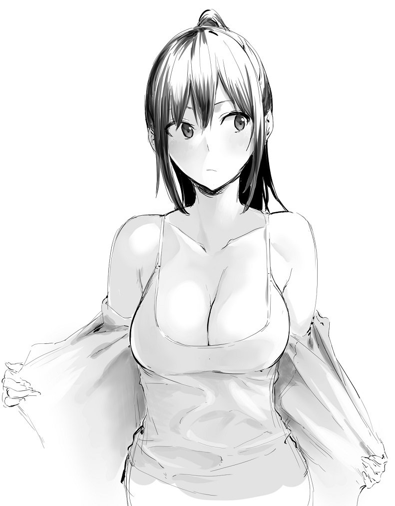 1girl bare_shoulders breasts cleavage closed_mouth cropped_torso greyscale hiiragi_yuuichi large_breasts long_hair looking_away looking_to_the_side monochrome original ponytail shirt simple_background sketch solo spaghetti_strap undressing upper_body white_background