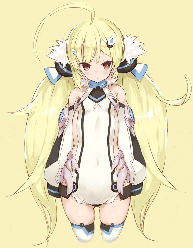 1girl ahoge azur_lane bangs black_panties blonde_hair blush breasts brown_eyes commentary_request covered_navel cowboy_shot cropped_legs detached_sleeves eldridge_(azur_lane) eyebrows_visible_through_hair facial_mark goekawa hair_ornament huge_ahoge long_hair long_sleeves looking_at_viewer panties panty_peek parted_lips simple_background small_breasts solo thigh-highs twintails underwear very_long_hair white_legwear yellow_background