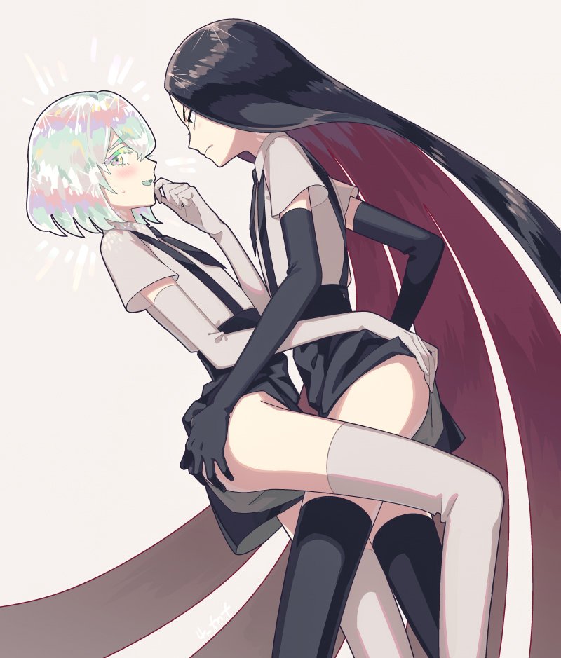 4_fnf androgynous ass_grab black_hair black_legwear blush bort diamond_(houseki_no_kuni) elbow_gloves gem_uniform_(houseki_no_kuni) gloves houseki_no_kuni long_hair multicolored_hair necktie no_panties short_hair short_sleeves thigh-highs very_long_hair white_legwear