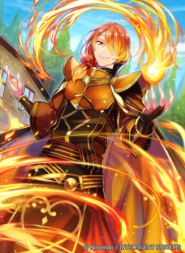 1boy armor blonde_hair bracelet circlet company_name fire fire_emblem fire_emblem_cipher fire_emblem_echoes:_mou_hitori_no_eiyuuou jewelry long_hair low_ponytail luthier_(fire_emblem) male_focus matsurika_youko multicolored_hair official_art orange_eyes orange_hair sky solo tree two-tone_hair upper_body