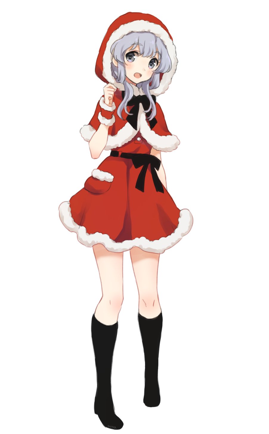 1girl :d alternate_costume black_legwear commentary full_body grey_eyes grey_hair highres kantai_collection kneehighs looking_at_viewer nuno_(pppompon) open_mouth red_hood santa_costume simple_background smile socks solo white_background yamagumo_(kantai_collection)