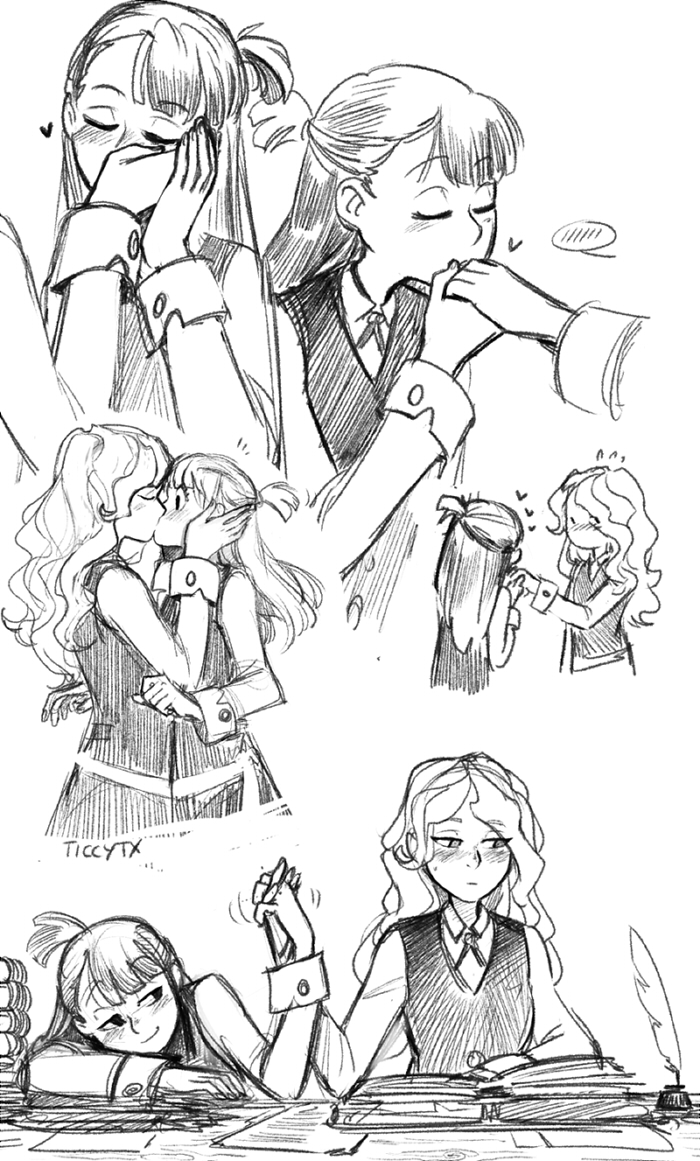 2girls artist_name blush book diana_cavendish eyebrows_visible_through_hair greyscale hand_holding hand_kiss hands_on_another's_face heart inkwell kagari_atsuko kiss little_witch_academia looking_away monochrome multiple_girls nose_blush quill raised_eyebrows short_ponytail sketch smile spoken_blush ticcy vest white_background yuri