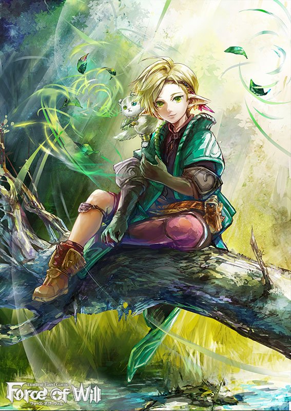 1girl blonde_hair blue_eyes boots cat circlet copyright_name force_of_will gloves grass green_eyes heterochromia komamitsu leaf official_art pointy_ears short_hair solo tree