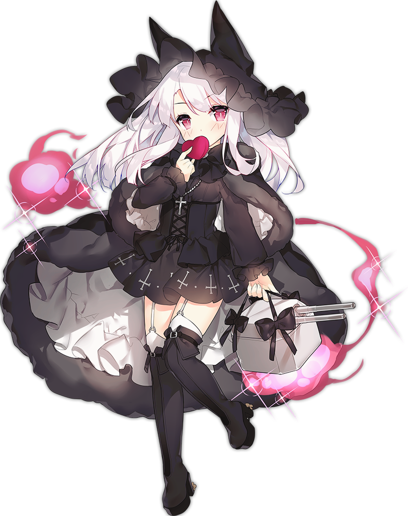 1girl azur_lane bangs belt belt_buckle black_belt black_bow black_dress black_footwear black_neckwear black_ribbon blush boots bow bowtie bright_pupils buckle cape cross cross_necklace dress erebus_(azur_lane) eyebrows_visible_through_hair floating_hair full_body garter_straps gothic_lolita hair_between_eyes heart holding jewelry kneehighs lolita_fashion long_hair necklace official_art over-kneehighs pink_eyes pink_pupils platform_footwear ribbon saru sash short_dress simple_background solo sparkle thigh-highs torn_clothes transparent_background turret white_hair white_legwear