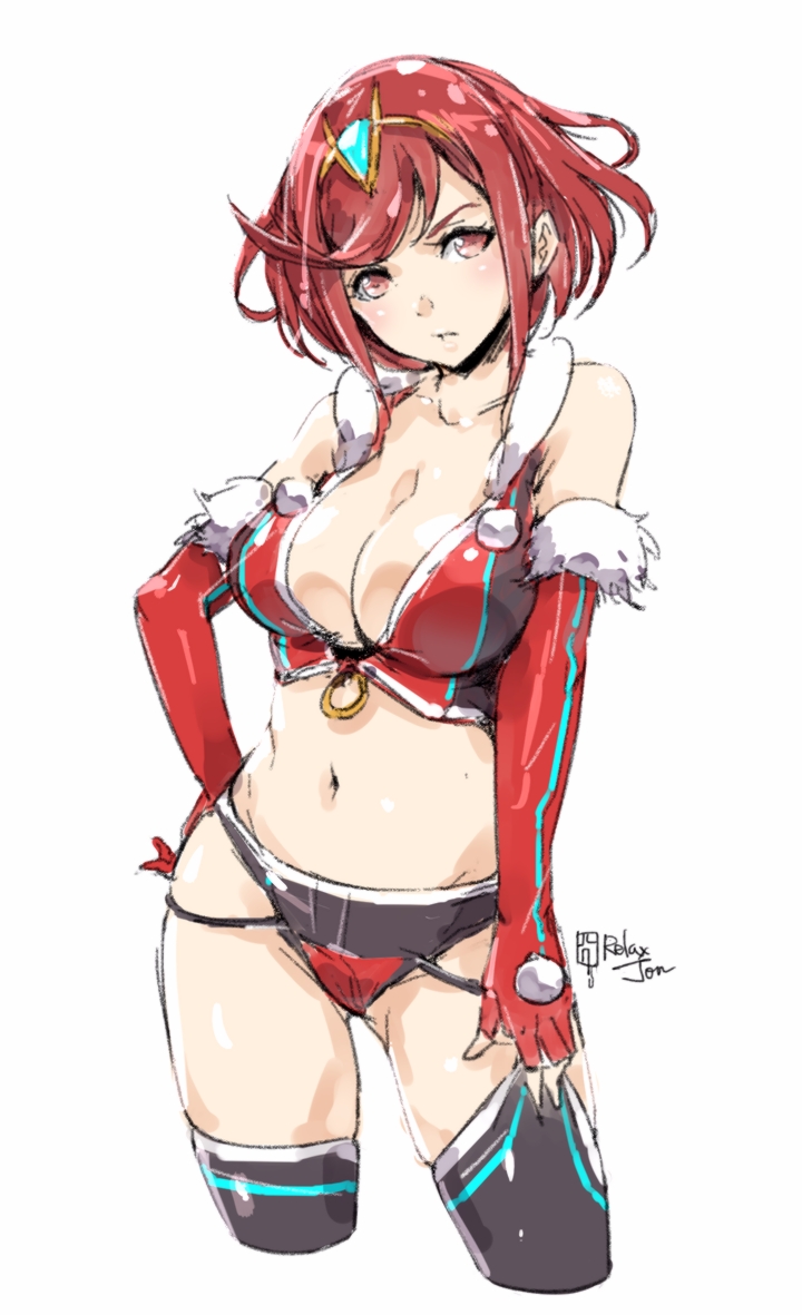 1girl adapted_costume arm_at_side artist_name bangs black_legwear blush breasts circlet cleavage closed_mouth collarbone contrapposto cowboy_shot crop_top cropped_legs detached_sleeves fur-trimmed_sleeves fur_trim gluteal_fold hand_on_hip head_tilt pyra_(xenoblade) large_breasts legs_apart long_sleeves looking_at_viewer navel red_eyes redhead relaxjon shiny shiny_skin short_hair simple_background solo standing stomach swept_bangs thigh-highs white_background xenoblade xenoblade_2