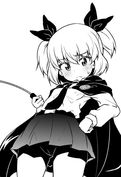 1girl anchovy anzio_school_uniform bangs belt blush cape closed_mouth commentary dress_shirt emblem eyebrows_visible_through_hair frown girls_und_panzer greyscale hair_ribbon hand_on_hip long_sleeves looking_at_viewer looking_down miniskirt monochrome necktie pleated_skirt ribbon riding_crop school_uniform shirt short_hair short_twintails skirt solo sw sweatdrop twintails