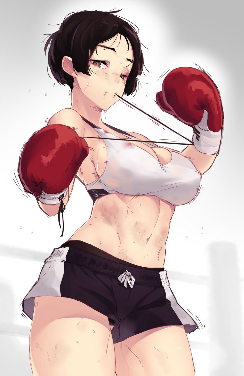 1girl abs bangs bare_shoulders black_bikini_top black_hair black_panties black_shorts blood blood_from_mouth blood_on_face bloody_clothes boxing_gloves boxing_ring boxing_shorts breasts brown_eyes bruise bruise_on_face cleavage commentary contrapposto cowboy_shot dev foreshortening from_side gloves grey_background groin_tendon hair_tie halterneck hidden_signature highres injury large_breasts looking_at_viewer looking_to_the_side messy_hair midriff motion_lines mouth_hold multicolored multicolored_bikini_top multicolored_clothes muscle muscular_female navel original panties parted_bangs parted_lips pointing pointing_at_viewer red_gloves scrape short_hair short_ponytail shorts shorts_pull sideboob signature solo sportswear stomach string sweat taut_clothes tomboy tying underwear upshorts white_bikini_top white_shorts