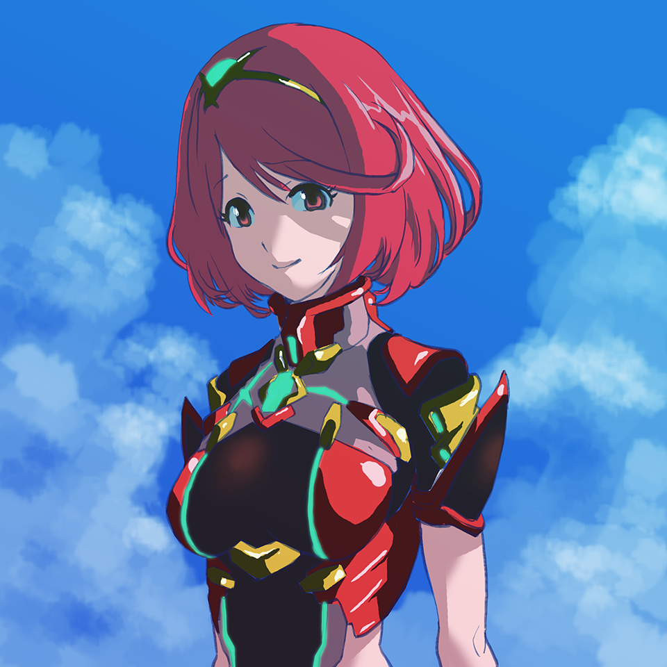 1girl arms_at_sides bangs blue_sky bob_cut breasts closed_mouth clouds day eyebrows eyebrows_visible_through_hair eyelashes facing_away hair_between_eyes hairband hal_(pixiv21210) pyra_(xenoblade) looking_at_viewer medium_breasts outdoors red_eyes redhead short_hair short_sleeves sky smile solo tareme turtleneck upper_body xenoblade xenoblade_2 yellow_hairband