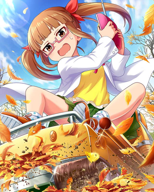 1girl autumn_leaves brown_eyes brown_hair glasses green_skirt idolmaster idolmaster_cinderella_girls ikebukuro_akiha labcoat official_art pink-framed_eyewear red_ribbon ribbon robot shoes skirt sneakers socks solo tree twintails