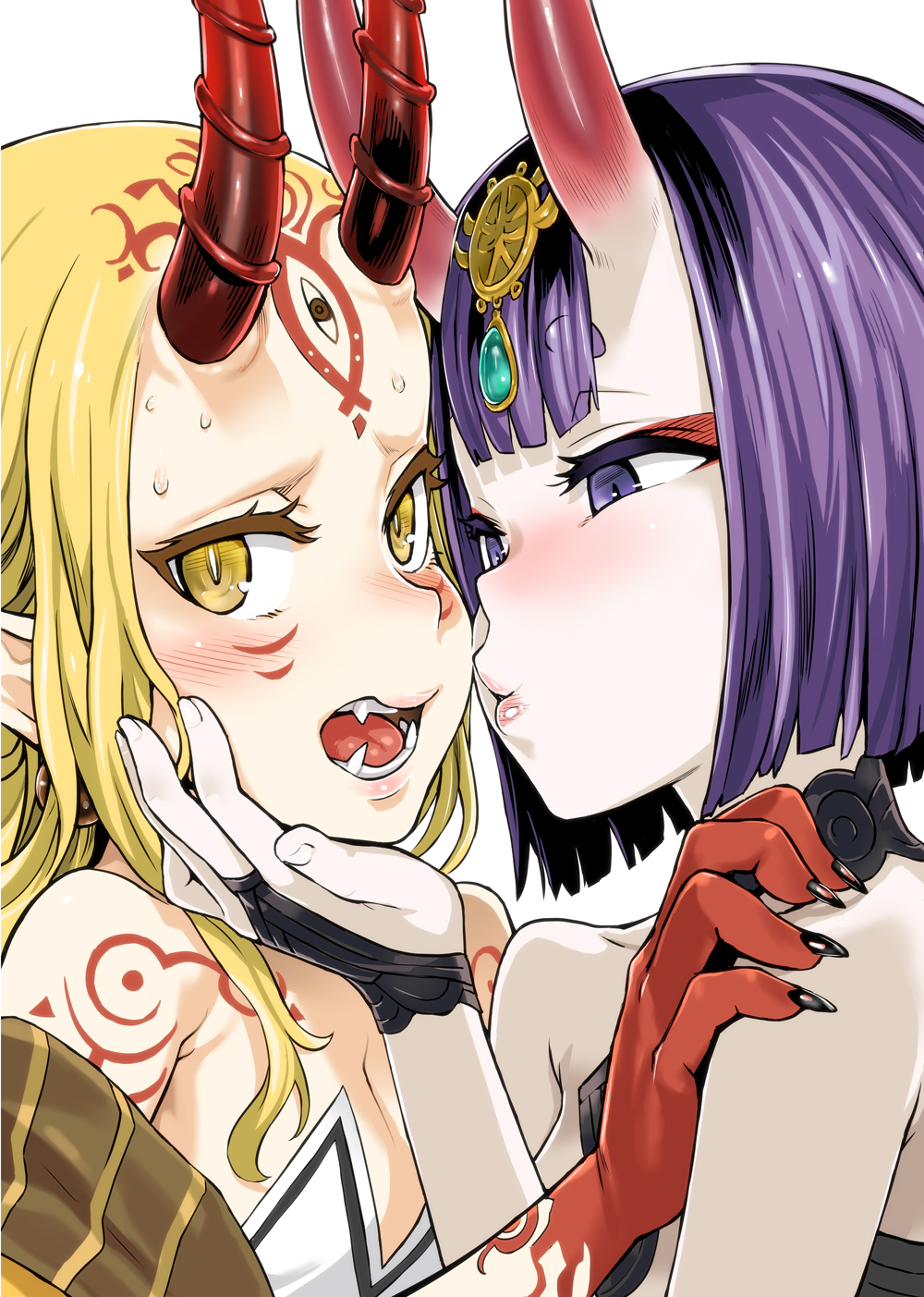 2girls asanagi bangs bare_shoulders black_nails blonde_hair blush breasts claws close-up eyebrows_visible_through_hair face-to-face facial_mark fangs fate/grand_order fate_(series) fingernails hand_on_another's_chin hand_on_another's_face hand_on_another's_shoulder headpiece highres horns ibaraki_douji_(fate/grand_order) imminent_kiss japanese_clothes jewelry kimono kiss long_hair looking_at_another looking_at_viewer medium_hair multiple_girls nail_polish oni oni_horns open_mouth pointy_ears purple_hair short_eyebrows short_hair shuten_douji_(fate/grand_order) simple_background small_breasts smile tattoo thick_eyebrows violet_eyes white_background yellow_eyes yuri