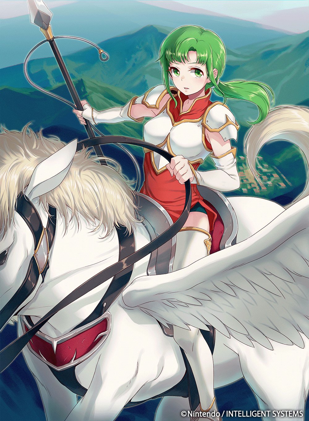 1girl 40hara armor boots breastplate commentary company_connection copyright_name dress fire_emblem fire_emblem:_seima_no_kouseki fire_emblem_cipher green_eyes green_hair highres holding holding_weapon long_hair mountain official_art outdoors pegasus pegasus_knight polearm short_dress shoulder_pads spear thigh-highs thigh_boots tied_hair vanessa_(fire_emblem) weapon zettai_ryouiki